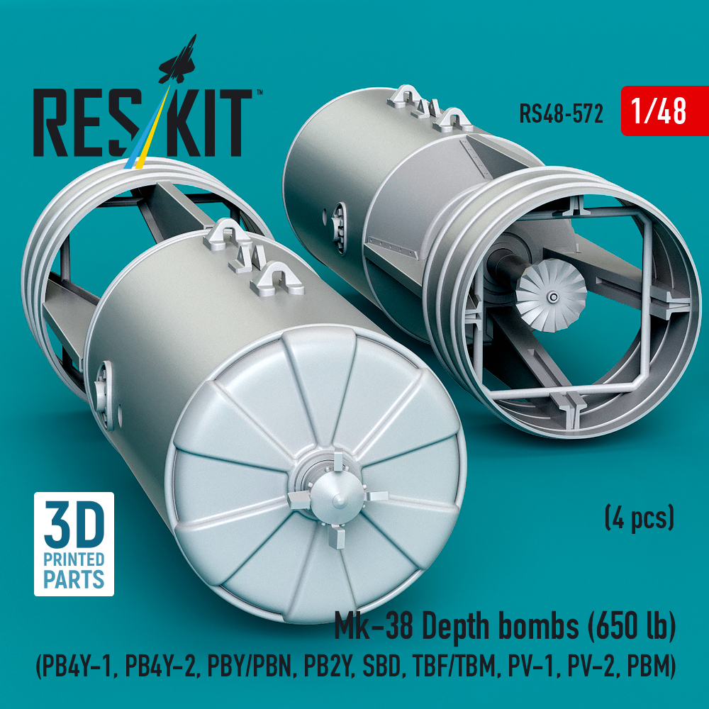 Reskit Mk-38 Depth bombs (650 lb) (4 pcs) (PB4Y-1, PB4Y-2, PBY/PBN, PB2Y, SBD, TBF/TBM, PV-1, PV-2, PBM) (3D Printed) (1/48) - Image 3