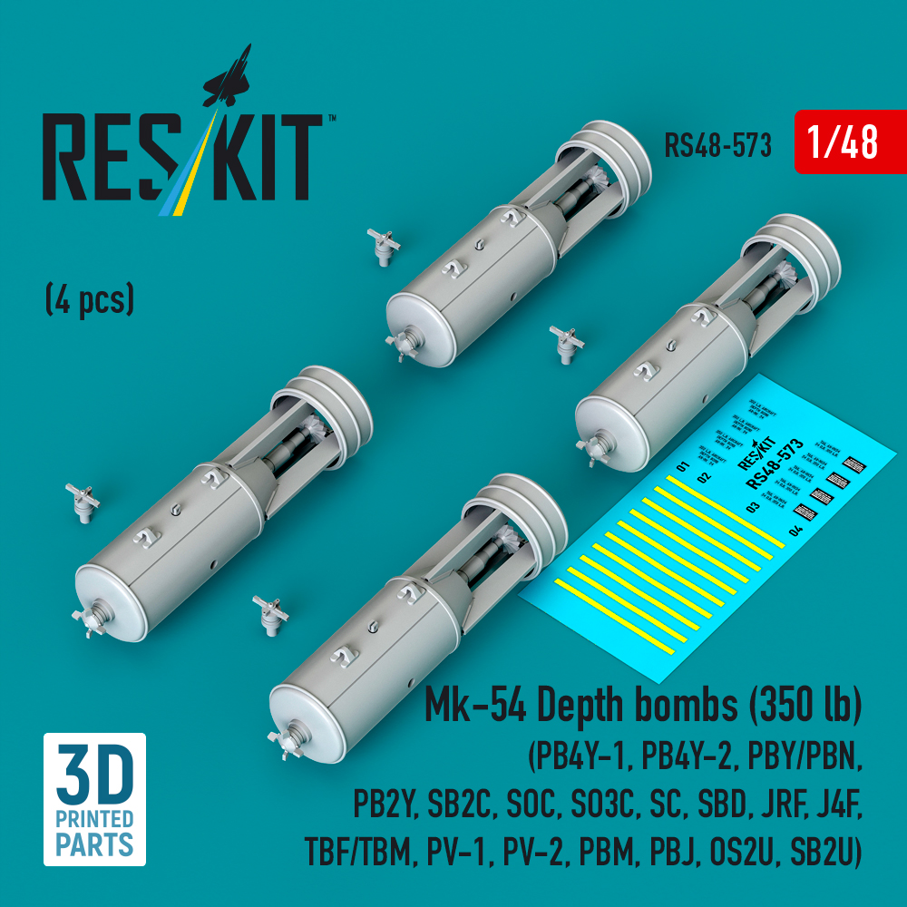 Reskit Mk-54 Depth bombs (350 lb) (4 pcs) (PB4Y-1, PB4Y-2, PBY/PBN, PB2Y, SB2C, SOC, SO3C, SC, SBD, JRF, J4F, TBF/TBM, PV-1, PV-2, PBM, PBJ, OS2U, SB2U) (3D Printed) (1/48)