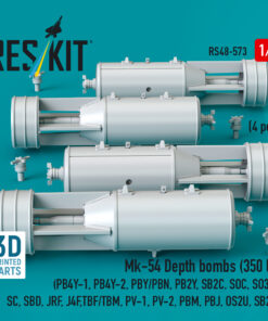 Alternative view of Reskit Mk-54 Depth bombs (350 lb) (4 pcs) (PB4Y-1, PB4Y-2, PBY/PBN, PB2Y, SB2C, SOC, SO3C, SC, SBD, JRF, J4F, TBF/TBM, PV-1, PV-2, PBM, PBJ, OS2U, SB2U) (3D Printed) (1/48)