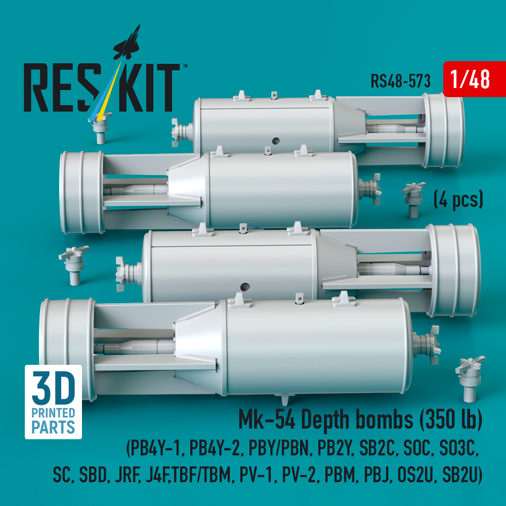 Reskit Mk-54 Depth bombs (350 lb) (4 pcs) (PB4Y-1, PB4Y-2, PBY/PBN, PB2Y, SB2C, SOC, SO3C, SC, SBD, JRF, J4F, TBF/TBM, PV-1, PV-2, PBM, PBJ, OS2U, SB2U) (3D Printed) (1/48) - Image 2