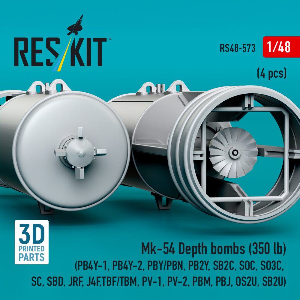 Reskit Mk-54 Depth bombs (350 lb) (4 pcs) (PB4Y-1, PB4Y-2, PBY/PBN, PB2Y, SB2C, SOC, SO3C, SC, SBD, JRF, J4F, TBF/TBM, PV-1, PV-2, PBM, PBJ, OS2U, SB2U) (3D Printed) (1/48) - Image 3