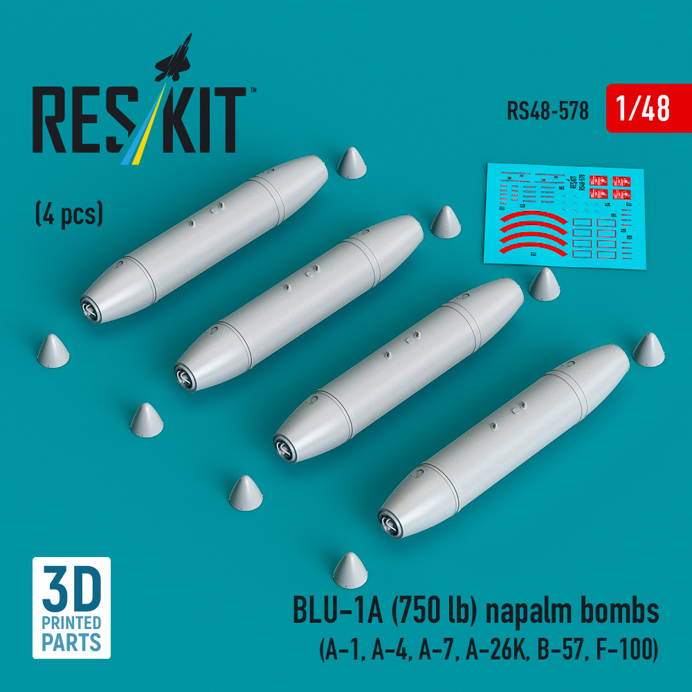 Reskit BLU-1A (750 lb) napalm bombs (4 pcs) (A-1, A-4, A-7, A-26K, B-57, F-100) (3D Printed) (1/48)