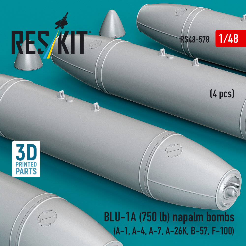 Reskit BLU-1A (750 lb) napalm bombs (4 pcs) (A-1, A-4, A-7, A-26K, B-57, F-100) (3D Printed) (1/48) - Image 2