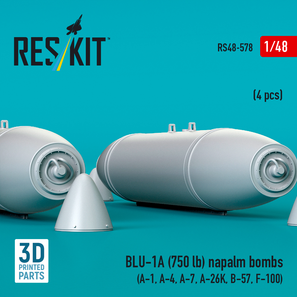 Reskit BLU-1A (750 lb) napalm bombs (4 pcs) (A-1, A-4, A-7, A-26K, B-57, F-100) (3D Printed) (1/48) - Image 3