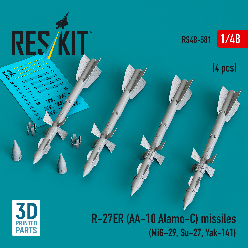 Reskit R-27ER (AA-10 Alamo-C) missiles (4 pcs) (MiG-29, Su-27, Yak-141) (3D Printed) (1/48)