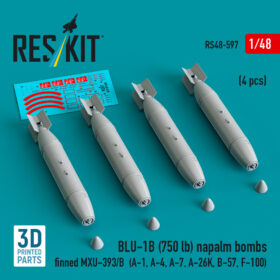 Reskit BLU-1B (750 lb) napalm bombs finned MXU-393/B (4 pcs) (A-1, A-4, A-7, A-26K, B-57, F-100) (3D Printed) (1/48)
