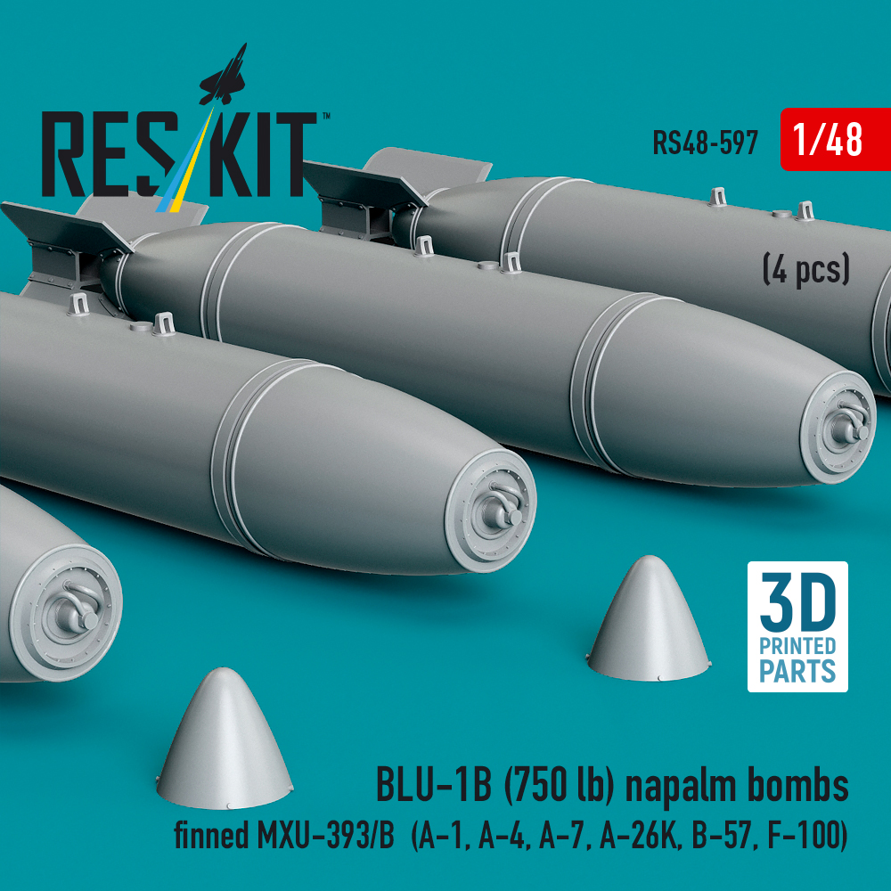 Reskit BLU-1B (750 lb) napalm bombs finned MXU-393/B (4 pcs) (A-1, A-4, A-7, A-26K, B-57, F-100) (3D Printed) (1/48) - Image 2