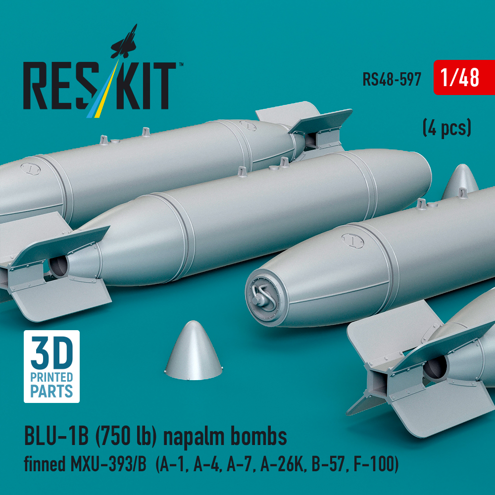 Reskit BLU-1B (750 lb) napalm bombs finned MXU-393/B (4 pcs) (A-1, A-4, A-7, A-26K, B-57, F-100) (3D Printed) (1/48) - Image 3