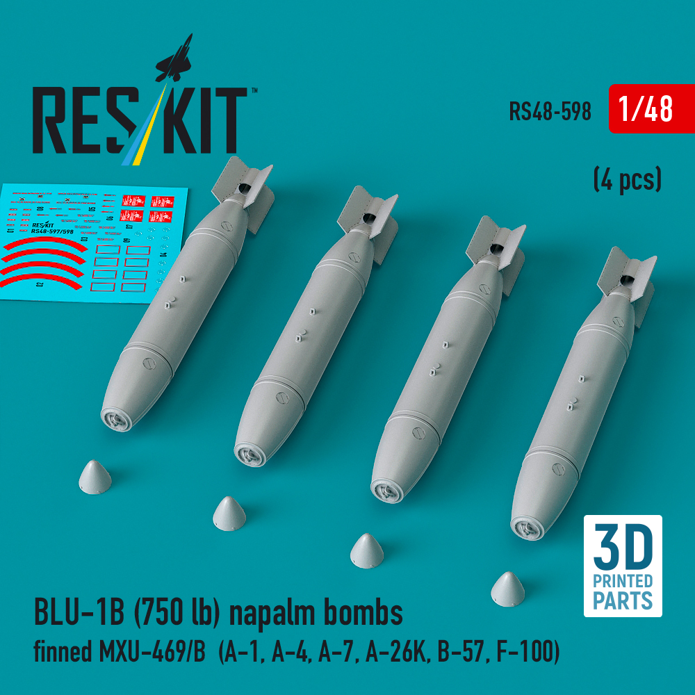 Reskit BLU-1B (750 lb) napalm bombs finned MXU-469/B (4 pcs) (A-1, A-4, A-7, A-26K, B-57, F-100) (3D Printed) (1/48)