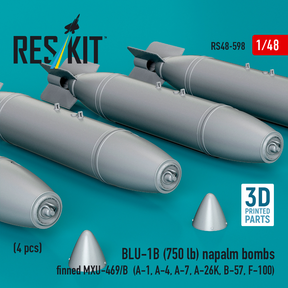 Reskit BLU-1B (750 lb) napalm bombs finned MXU-469/B (4 pcs) (A-1, A-4, A-7, A-26K, B-57, F-100) (3D Printed) (1/48) - Image 2