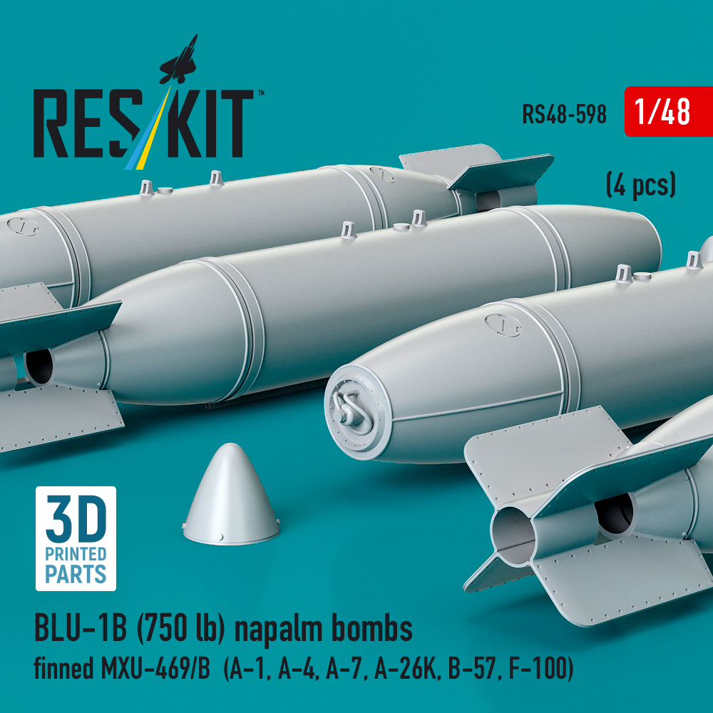 Reskit BLU-1B (750 lb) napalm bombs finned MXU-469/B (4 pcs) (A-1, A-4, A-7, A-26K, B-57, F-100) (3D Printed) (1/48) - Image 3