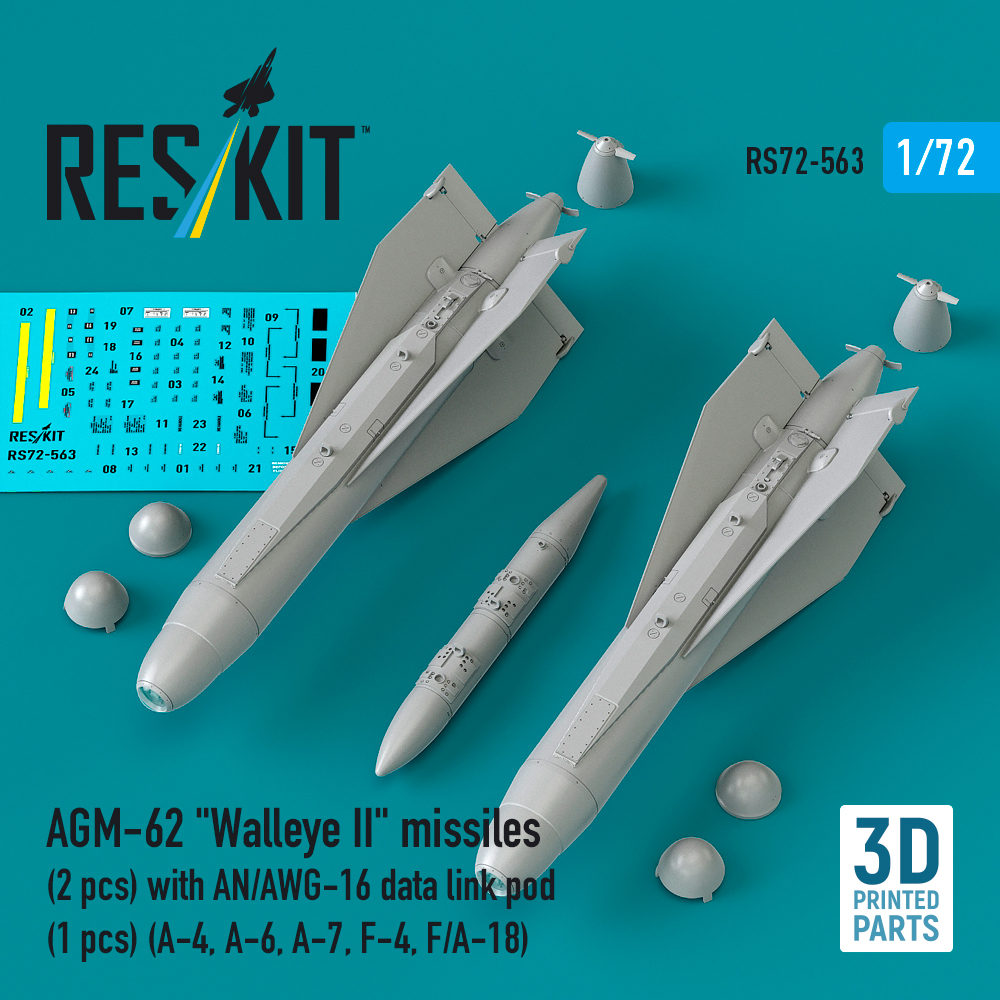 Reskit AGM-62 "Walleye II" missiles (2 pcs) with AN/AWG-16 data link pod (1 pcs) (A-4, A-6, A-7, F-4, F/A-18) (3D Printed) (1/72)