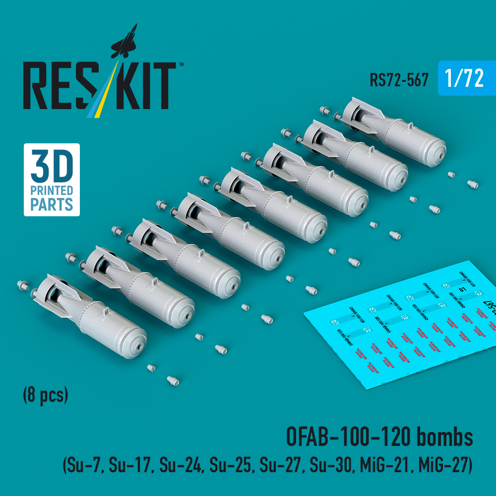 Reskit OFAB-100-120 bombs (8 pcs) (Su-7, Su-17, Su-24, Su-25, Su-27, Su-30, MiG-21, MiG-27) (3D Printed) (1/72)