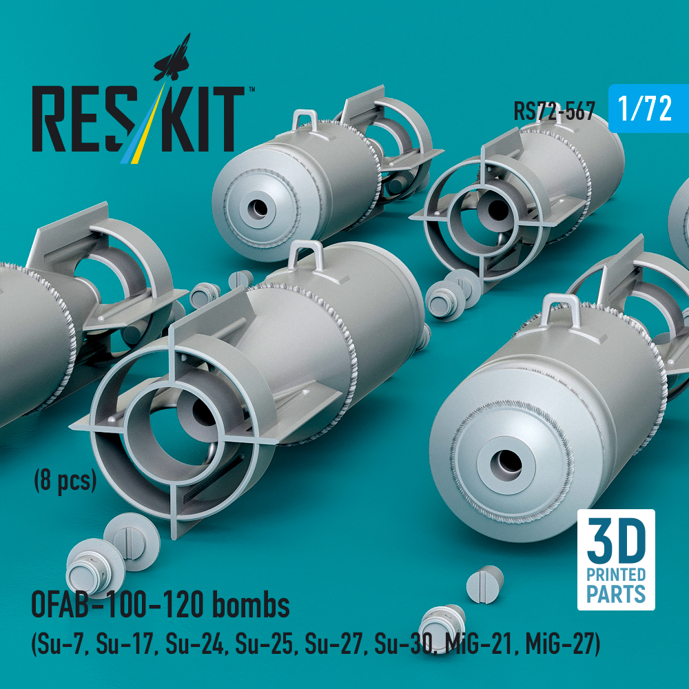 Reskit OFAB-100-120 bombs (8 pcs) (Su-7, Su-17, Su-24, Su-25, Su-27, Su-30, MiG-21, MiG-27) (3D Printed) (1/72) - Image 2