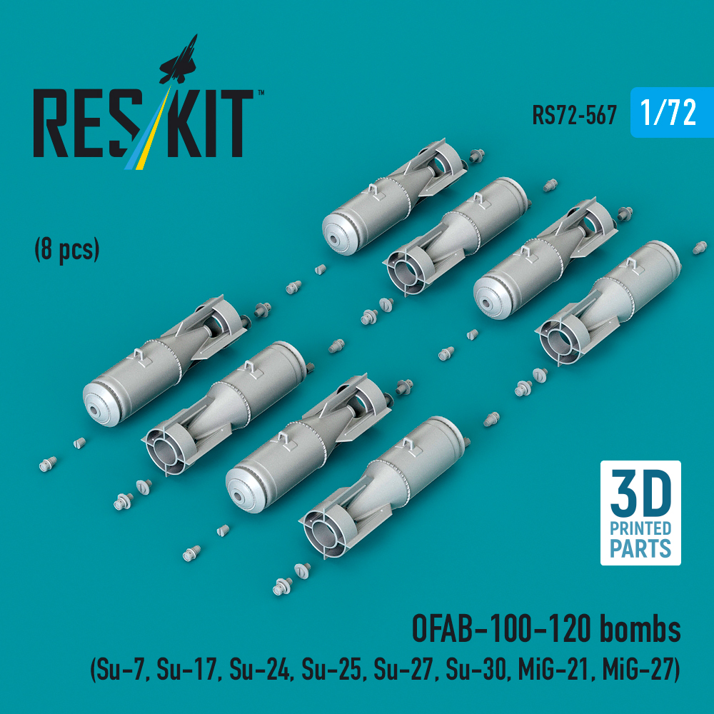 Reskit OFAB-100-120 bombs (8 pcs) (Su-7, Su-17, Su-24, Su-25, Su-27, Su-30, MiG-21, MiG-27) (3D Printed) (1/72) - Image 3