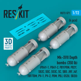 Reskit Mk-XVII Depth bombs (350 lb) (4 pcs) (PB4Y-1, PB4Y-2, PBY/PBN, PB2Y, SB2C, SOC, SO3C, SC, SBD, JRF, J4F, TBF/TBM, PV-1, PV-2, PBM, PBJ, OS2U, SB2U) (3D Printed) (1/72)