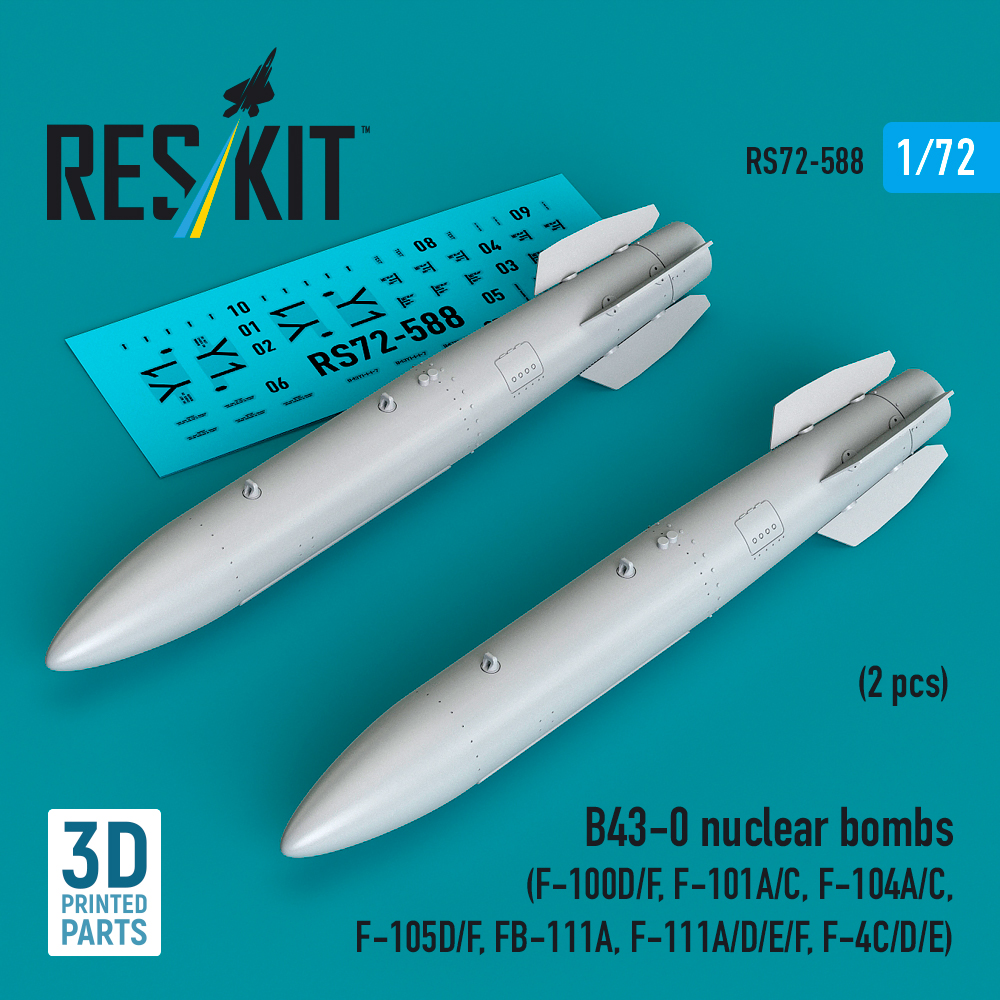 Reskit B43-0 nuclear bombs (2 pcs) (F-100D/F, F-101A/C, F-104A/C, F-105D/F, FB-111A, F-111A/E/D/F, F-4C/D/E) (3D Printed) (1/72)