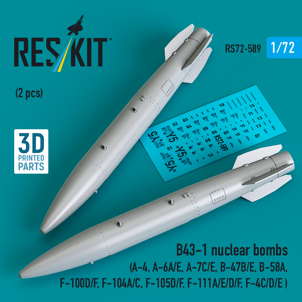 Reskit B43-1 nuclear bombs (2 pcs) (A-4, A-6A/E, A-7C/E, B-47B/E, B-58A, F-100D/F, F-104A/C, F-105D/F, F-111A/E/D/F, F-4C/D/E ) (3D Printed) (1/72)