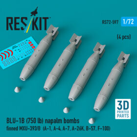Reskit BLU-1B (750lb) napalm bombs finned MXU-393/B (4 pcs) (A-1, A-4, A-7, A-26K, B-57, F-100) (3D Printed) (1/72)