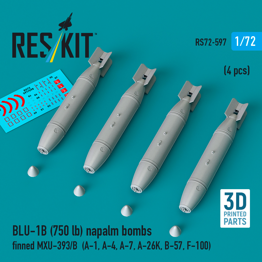 Reskit BLU-1B (750lb) napalm bombs finned MXU-393/B (4 pcs) (A-1, A-4, A-7, A-26K, B-57, F-100) (3D Printed) (1/72)