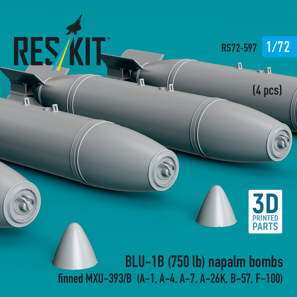 Reskit BLU-1B (750lb) napalm bombs finned MXU-393/B (4 pcs) (A-1, A-4, A-7, A-26K, B-57, F-100) (3D Printed) (1/72) - Image 2