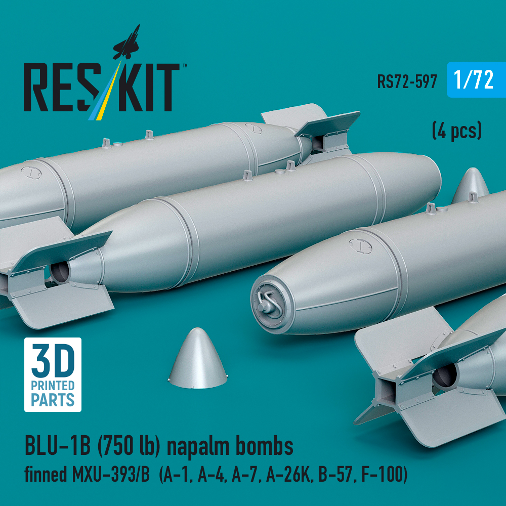 Reskit BLU-1B (750lb) napalm bombs finned MXU-393/B (4 pcs) (A-1, A-4, A-7, A-26K, B-57, F-100) (3D Printed) (1/72) - Image 3