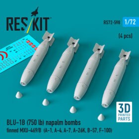 Reskit BLU-1B (750lb) napalm bombs finned MXU-469/B (4 pcs) (A-1, A-4, A-7, A-26K, B-57, F-100) (3D Printed) (1/72)