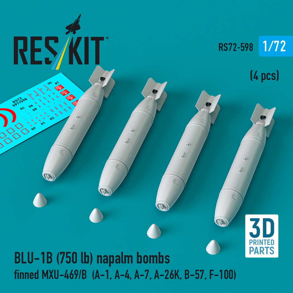Reskit BLU-1B (750lb) napalm bombs finned MXU-469/B (4 pcs) (A-1, A-4, A-7, A-26K, B-57, F-100) (3D Printed) (1/72)