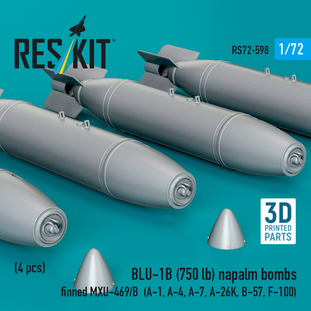 Reskit BLU-1B (750lb) napalm bombs finned MXU-469/B (4 pcs) (A-1, A-4, A-7, A-26K, B-57, F-100) (3D Printed) (1/72) - Image 2