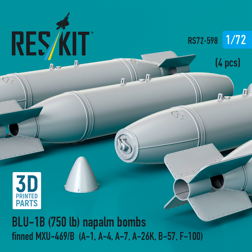 Reskit BLU-1B (750lb) napalm bombs finned MXU-469/B (4 pcs) (A-1, A-4, A-7, A-26K, B-57, F-100) (3D Printed) (1/72) - Image 3