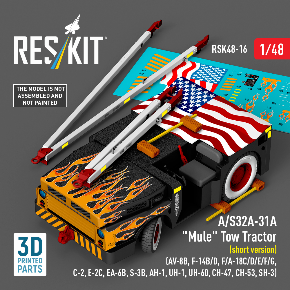 Reskit A/S32A-31A "Mule" Tow Tractor (short version) (AV-8B, F-14B/D, F/A-18C/D/E/F/G, C-2, E-2С, EA-6B, S-3B, AH-1, UH-1, UH-60, CH-47, CH-53, SH-3) (3D Printed model kit) (1/48)