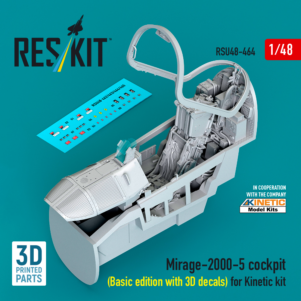 Reskit Mirage-2000-5 cockpit (Basic edition with 3D decals) for Kinetic kit (3D Printed) (1/48)