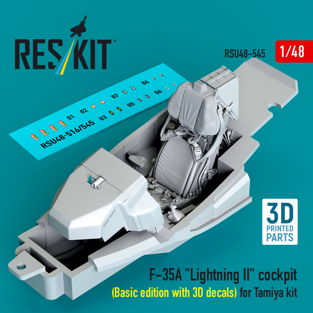 Reskit F-35A "Lightning II" cockpit (Basic edition with 3D decals) for Tamiya kit (3D Printed) (1/48)