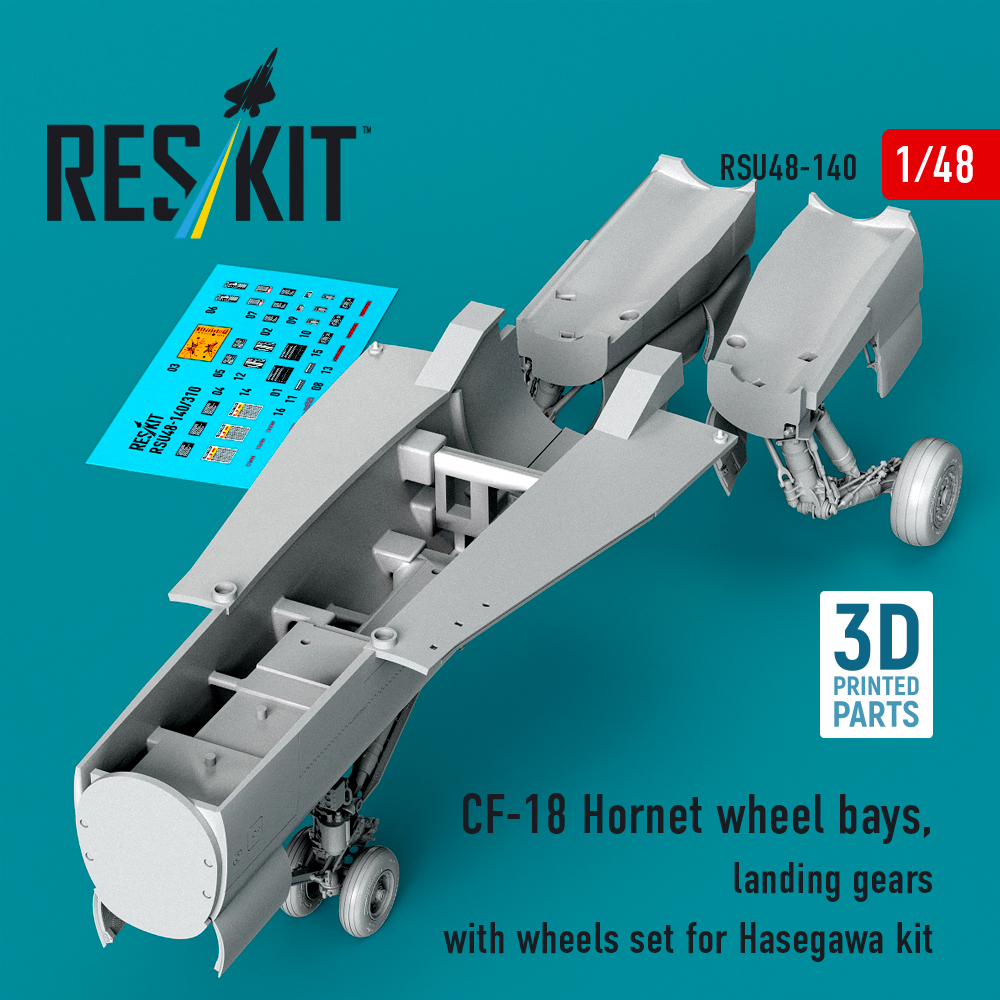 Reskit CF-18 Hornet wheel bays, landing gears with wheels set for Hasegawa kit (3D Printed) (1/48) RSU48-0140
