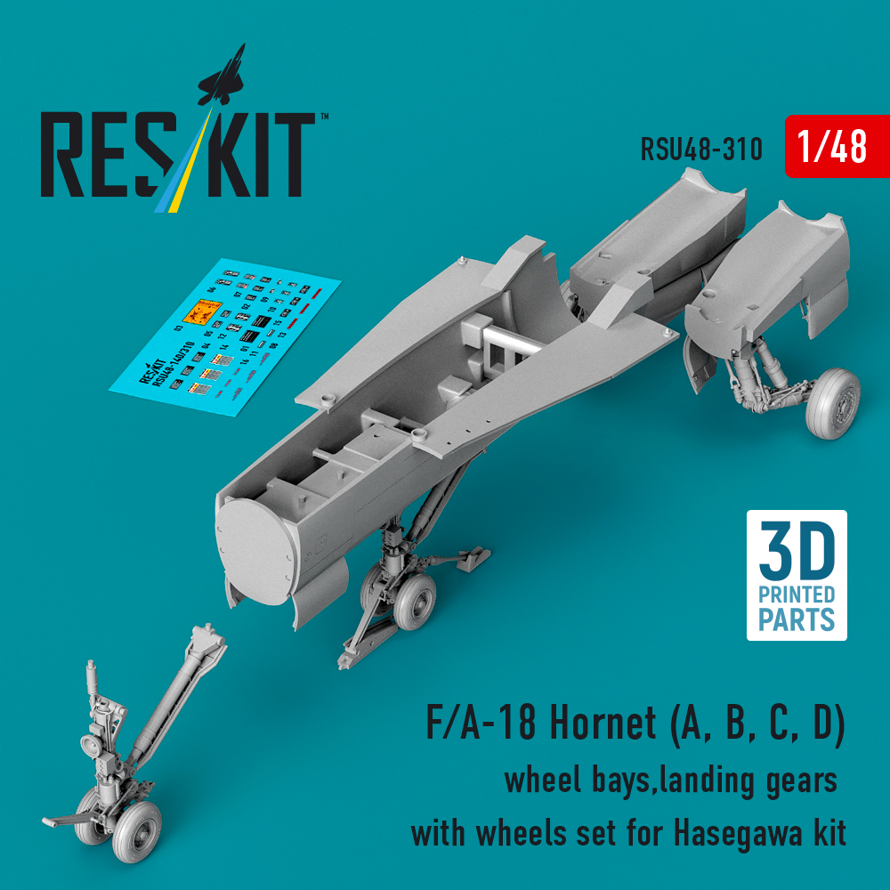Reskit F/A-18 Hornet (A, B, C, D) wheel bays, landing gears with wheels set for Hasegawa kit (3D Printed) (1/48) RSU48-0310