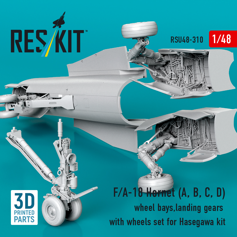 Reskit F/A-18 Hornet (A, B, C, D) wheel bays, landing gears with wheels set for Hasegawa kit (3D Printed) (1/48) RSU48-0310 - Image 3