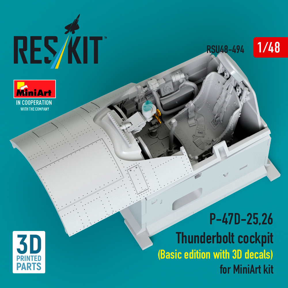 Reskit P-47D-25,26 Thunderbolt cockpit (Basic edition with 3D decals) for MiniArt kit (3D Printed) (1/48) RSU48-0494