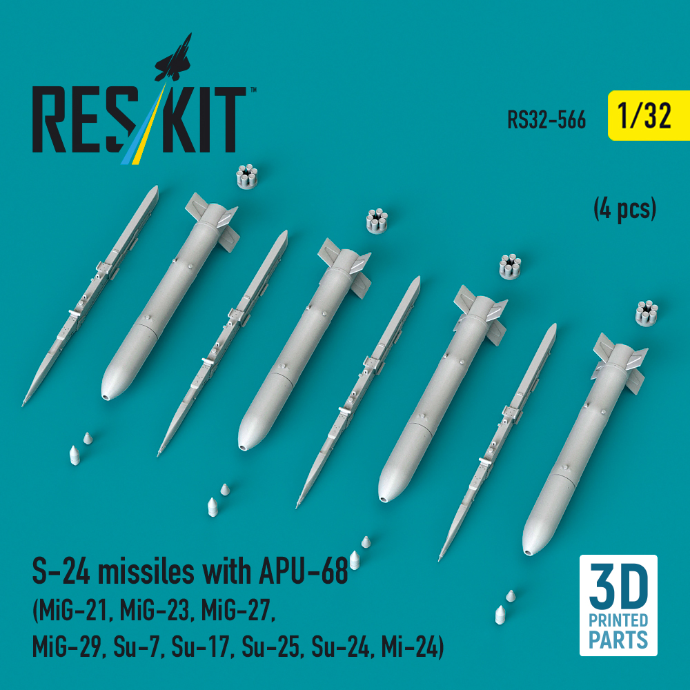 ResKit S-24 missiles with APU-68 (4 pcs) (MiG-21, MiG-23, MiG-27, MiG-29, Su-7, Su-17, Su-25, Su-24, Mi-24) (3D Printed) (1/32) RS32-0566