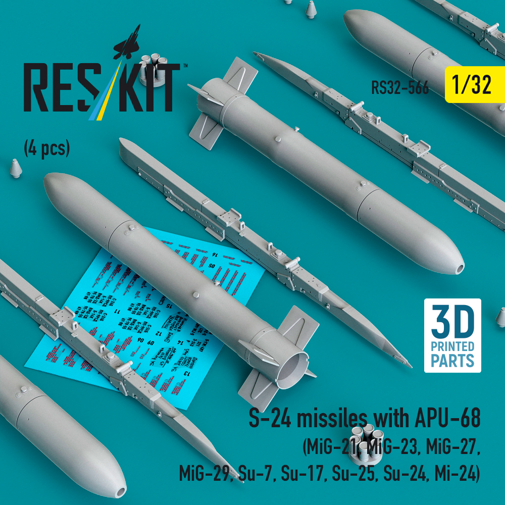 ResKit S-24 missiles with APU-68 (4 pcs) (MiG-21, MiG-23, MiG-27, MiG-29, Su-7, Su-17, Su-25, Su-24, Mi-24) (3D Printed) (1/32) RS32-0566 - Image 2