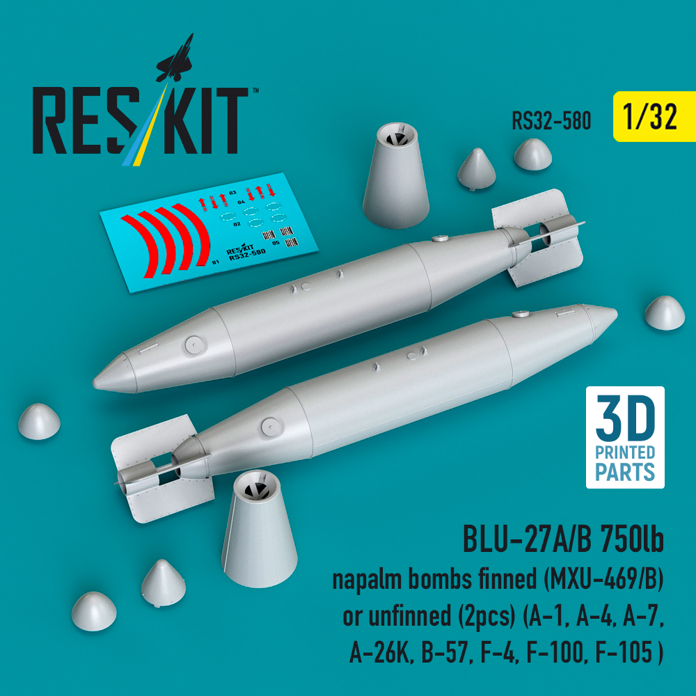 ResKit BLU-27A/B 750lb napalm bombs finned (MXU-469/B) or unfinned (2 pcs) (A-1, A-4, A-7, A-26K, B-57, F-4, F-100, F-105 ) (3D Printed) (1/32) RS32-0580