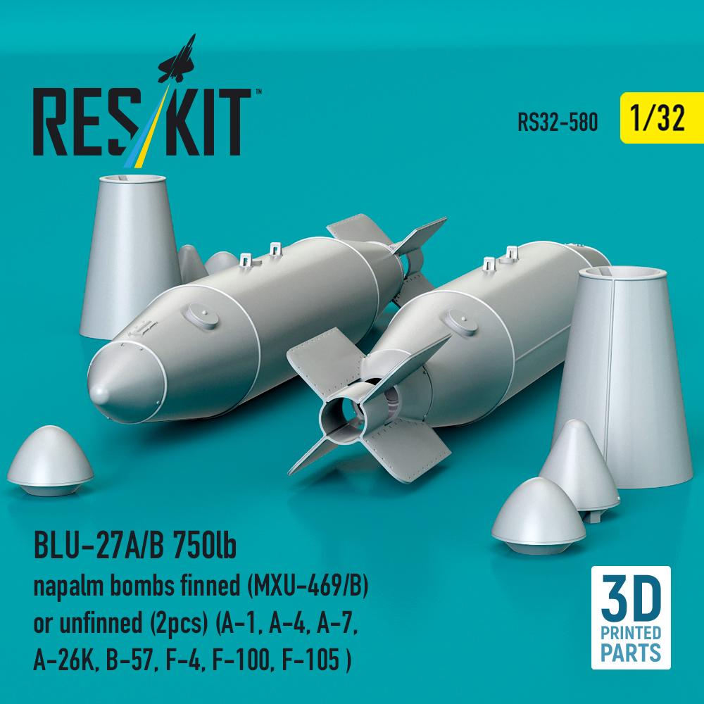 ResKit BLU-27A/B 750lb napalm bombs finned (MXU-469/B) or unfinned (2 pcs) (A-1, A-4, A-7, A-26K, B-57, F-4, F-100, F-105 ) (3D Printed) (1/32) RS32-0580 - Image 2