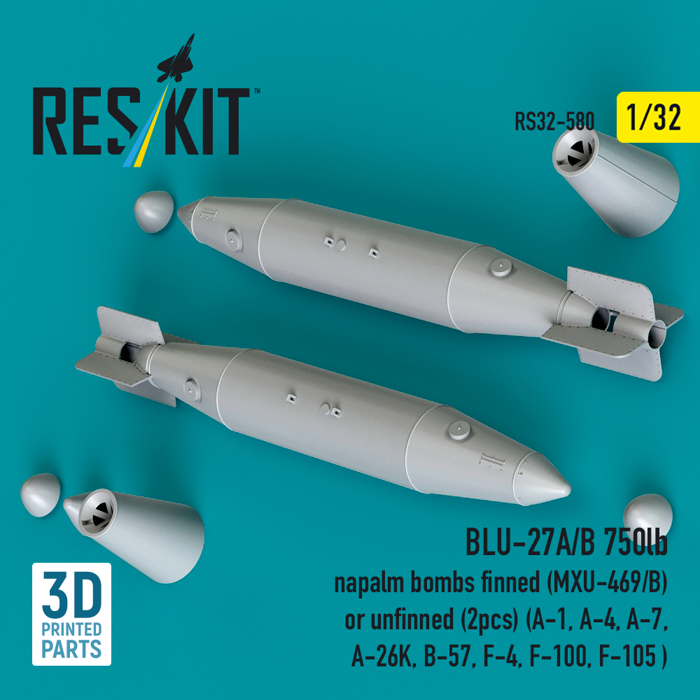ResKit BLU-27A/B 750lb napalm bombs finned (MXU-469/B) or unfinned (2 pcs) (A-1, A-4, A-7, A-26K, B-57, F-4, F-100, F-105 ) (3D Printed) (1/32) RS32-0580 - Image 3