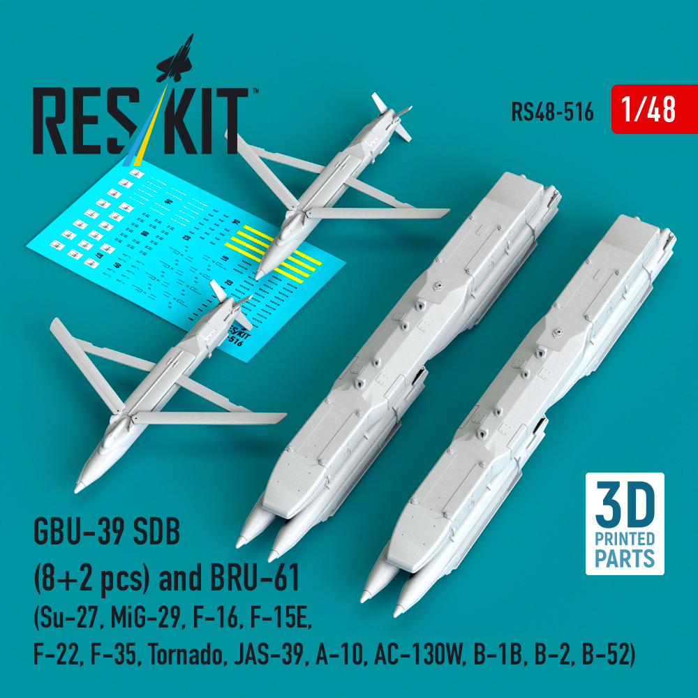 ResKit GBU-39 SDB (8 pcs) and BRU-61 (2 pcs) (Su-27, MiG-29, F-16, F-15E, F-22, F-35, Tornado, JAS-39, A-10, AC-130W, B-1B, B-2, B-52) (3D Printed) (1/48) RS48-0516