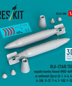 ResKit BLU-27A/B 750lb napalm bombs finned (MXU-469/B) or unfinned (2pcs) (A-1, A-4, A-7, A-26K, B-57, F-4, F-100, F-105 ) (3D Printed) (1/48) RS48-0580