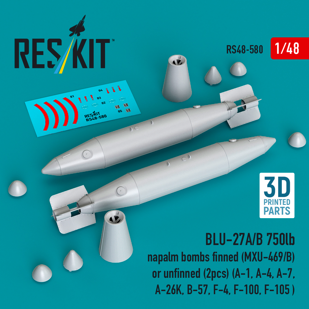 ResKit BLU-27A/B 750lb napalm bombs finned (MXU-469/B) or unfinned (2pcs) (A-1, A-4, A-7, A-26K, B-57, F-4, F-100, F-105 ) (3D Printed) (1/48) RS48-0580