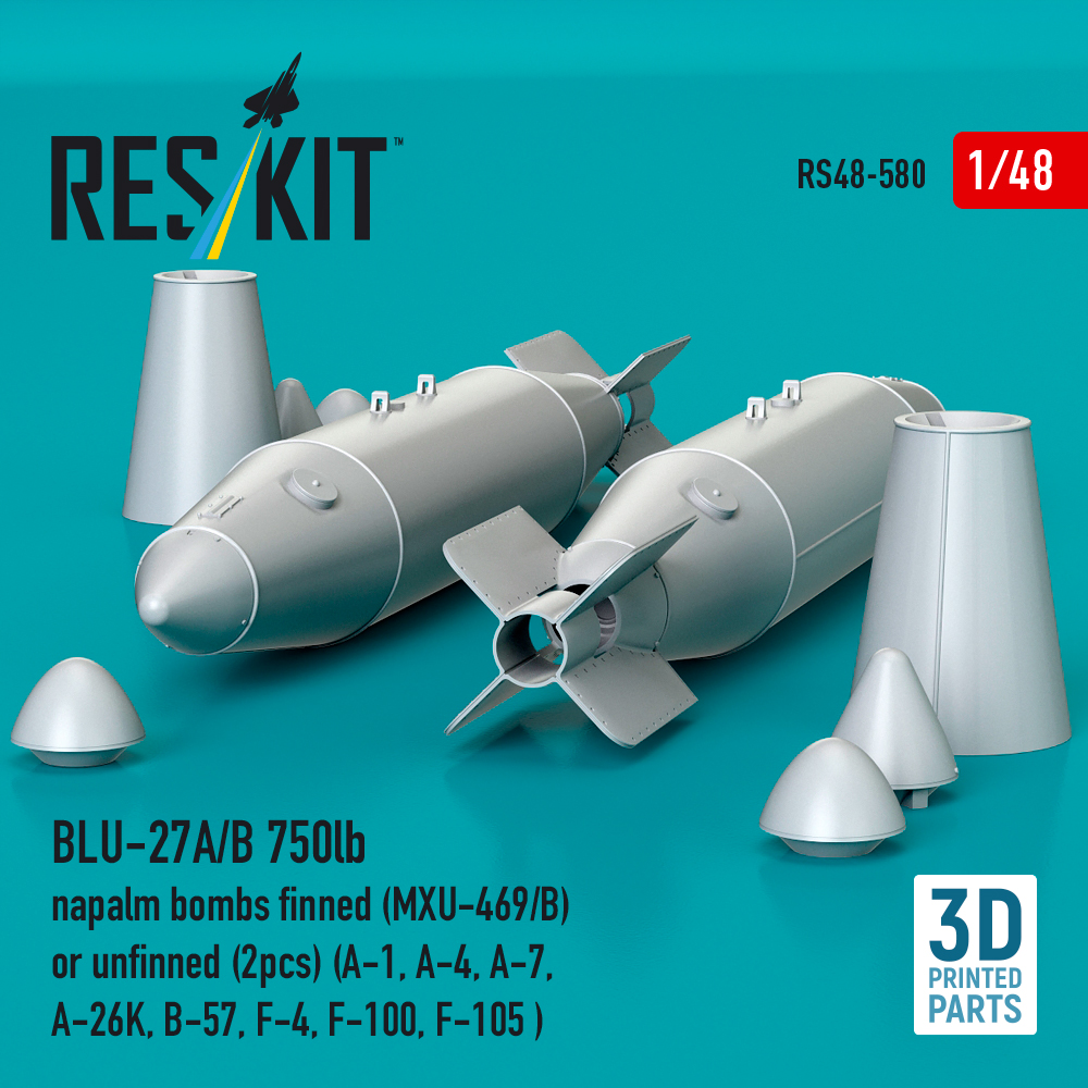 ResKit BLU-27A/B 750lb napalm bombs finned (MXU-469/B) or unfinned (2pcs) (A-1, A-4, A-7, A-26K, B-57, F-4, F-100, F-105 ) (3D Printed) (1/48) RS48-0580 - Image 2