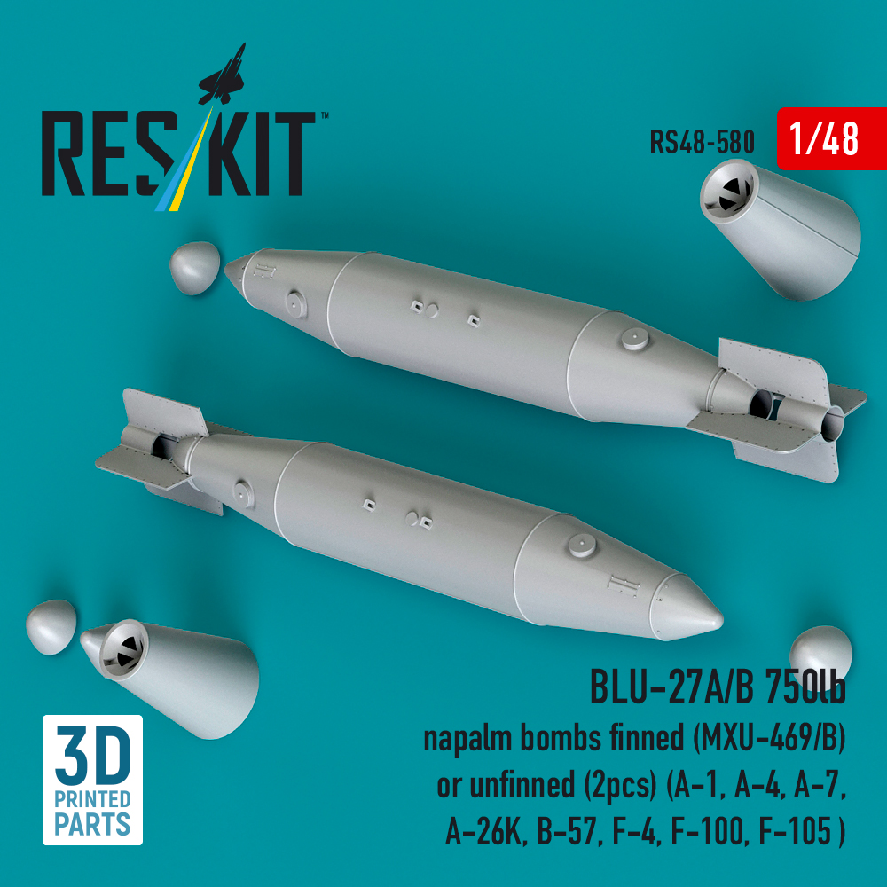 ResKit BLU-27A/B 750lb napalm bombs finned (MXU-469/B) or unfinned (2pcs) (A-1, A-4, A-7, A-26K, B-57, F-4, F-100, F-105 ) (3D Printed) (1/48) RS48-0580 - Image 3