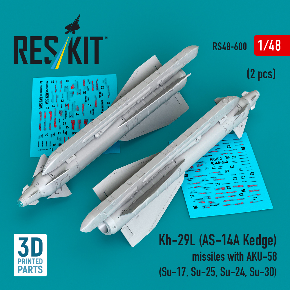 ResKit Kh-29L (AS-14A Kedge) missiles with AKU-58 (2 pcs) (Su-17, Su-25, Su-24, Su-30) (3D Printed) (1/48) RS48-0600