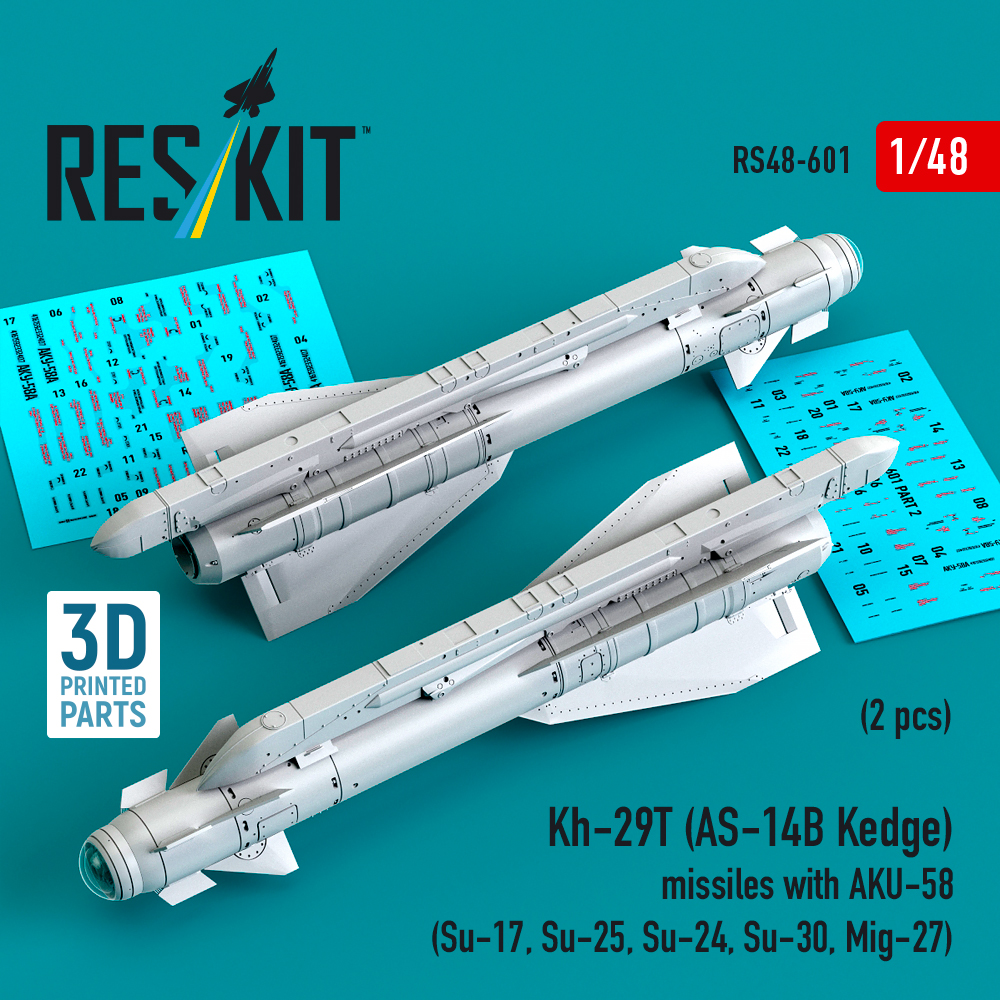 ResKit Kh-29T (AS-14B Kedge) missiles with AKU-58 (2 pcs) (Su-17, Su-25, Su-24, Su-30, Mig-27) (3D Printed) (1/48) RS48-0601