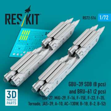 ResKit 1/72 GBU-39 SDB (8 pcs) and BRU-61 (2 pcs) (Su-27, MiG-29, F-16, F-15E, F-22, F-35, Tornado, JAS-39, A-10, AC-130W, B-1B, B-2, B-52) (3D Printed) (1/72) RS72-0516